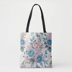 Blauw & Roze Rozenpatroon op Zacht Pinkish-Wit Draagtas