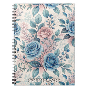 Blauw & Roze Rozenpatroon op Zacht Pinkish-Wit Notitieboek