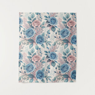 Blauw & Roze Rozenpatroon op Zacht Pinkish-Wit Wandkleed
