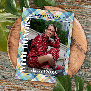 Blauw Roze Schotse Plaid Afstudeeruitnodiging Briefkaart