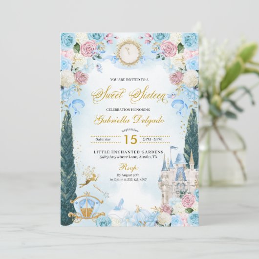 Blauw & Roze Sprookje Assepoester Prinses Zoet 16 Kaart (Staand voorkant)