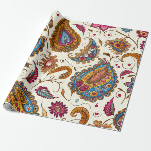 Blauw Roze Tan Mix Bloemen Paisley Patroon Cadeaupapier