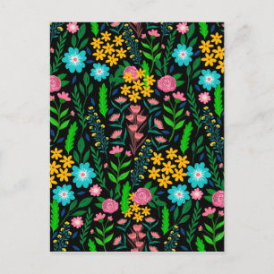 Blauw Roze Tuinbloemen Zwart Design Feestdagenkaart