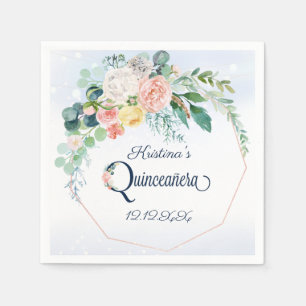 Blauw Roze Vintage Bloem Quinceanera Verjaardag Servet