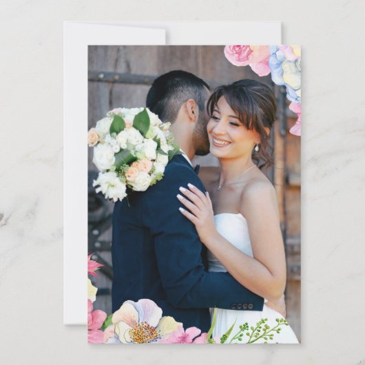 Blauw Roze Waterverf Bloemen bruiloft Kaart (Achterkant)