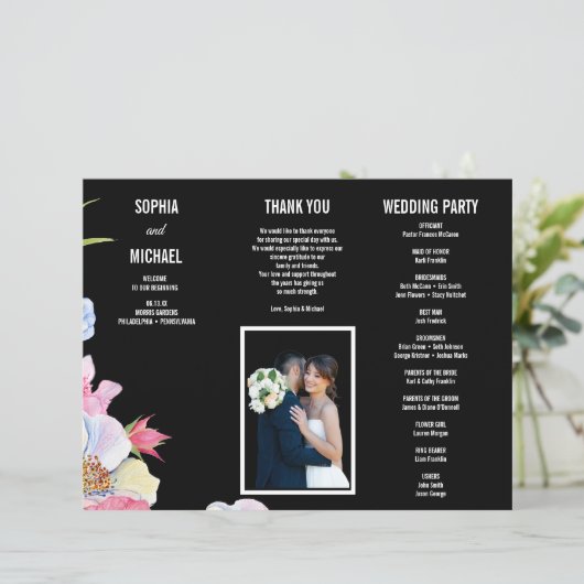 Blauw Roze Waterverf Bloemen Trouwprogramma Flyer (Staand voorkant)