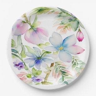 Blauw roze Waterverf Spring Flowers Papieren Bordje