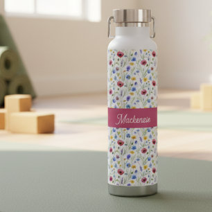 Blauw Roze Wilde Bloem Waterverf Monogram Naam  Waterfles
