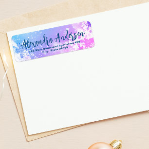 Blauw roze wintersneeuwvlokken Modern Script Label