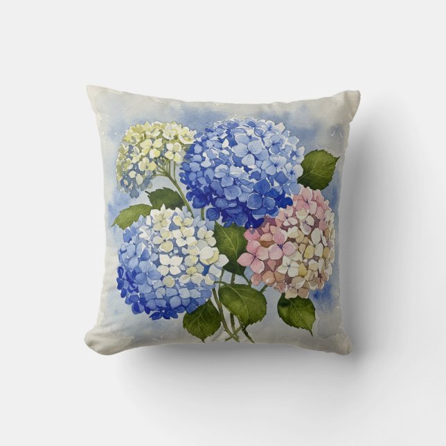 Blauw Roze Witte Hydrangea Bloemkussen Kussen (Voorkant)