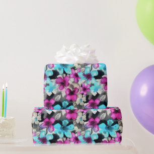 Blauw roze witte zwarte Waterverf bloemen patroon Cadeaupapier