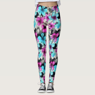 Blauw roze witte zwarte Waterverf bloemen patroon Leggings