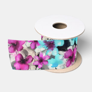 Blauw roze witte zwarte Waterverf bloemen patroon Lint