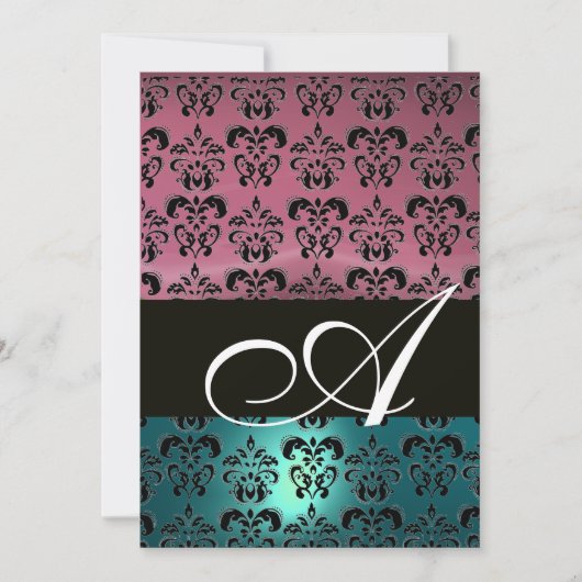 BLAUW ROZE ZWART DAMASK MONOGRAM ,helder wit Kaart (Voorkant)