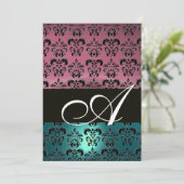 BLAUW ROZE ZWART DAMASK MONOGRAM ,helder wit Kaart (Staand voorkant)