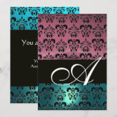 BLAUW ROZE ZWART DAMASK MONOGRAM ,helder wit Kaart (Voorkant / Achterkant)