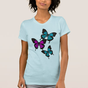 Blauw/roze/zwarte vlinder/vlinder/voor/achter t-shirt