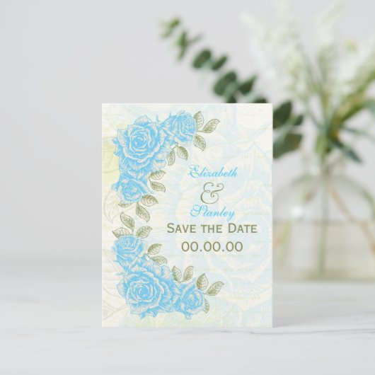  blauw rozen bruiloft Save the Date briefkaart (Staand voorkant)