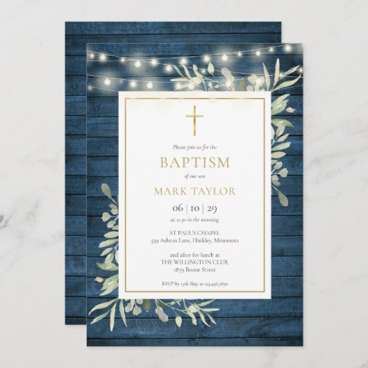 Blauw Rustiek Hout Groen Doop Doop Kaart (Voorkant / Achterkant)