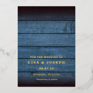 Blauw rustiek hout landelijk script save the date folie uitnodiging