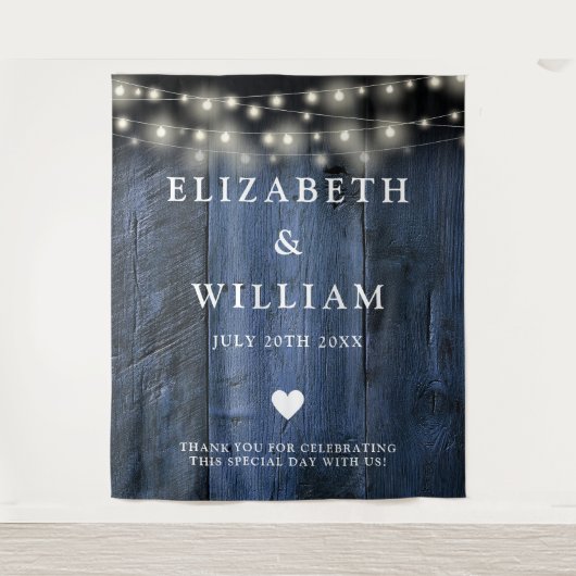 Blauw Rustiek Hout String Licht Foto Booth Achterg Wandkleed (Voorkant)