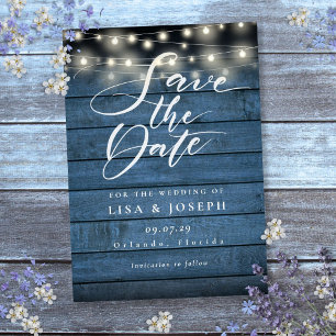Blauw Rustiek Hout String Lights Wedding Save The Date