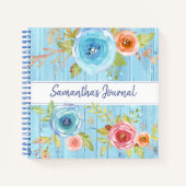 Blauw rustiek hout waterverf bloemenaangepaste vie notitieboek (Voorkant)