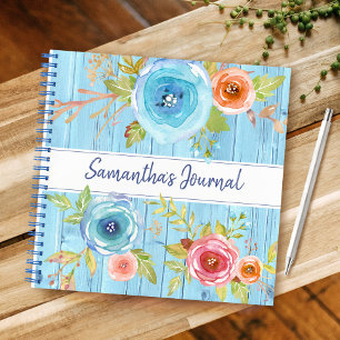 Blauw rustiek hout waterverf bloemstuk aangepaste notitieboek