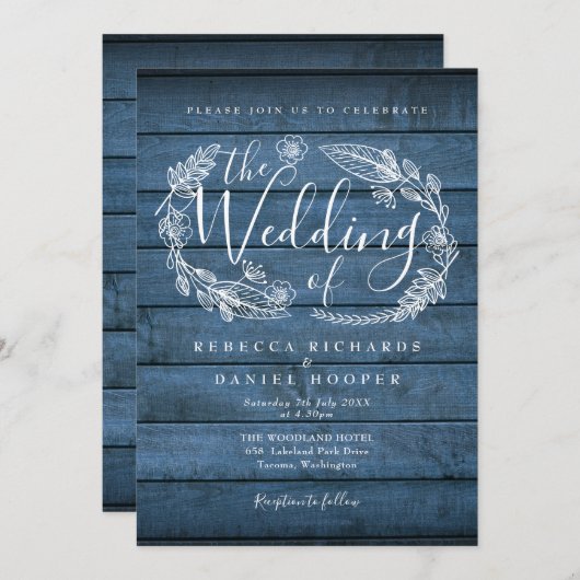 Blauw Rustiek Houten Bloemenslingerscript Bruiloft Kaart (Voorkant / Achterkant)