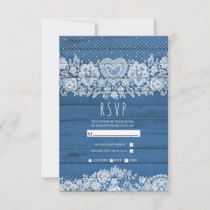 Blauw rustiek houten kant boerderij schuur bruilof RSVP kaartje