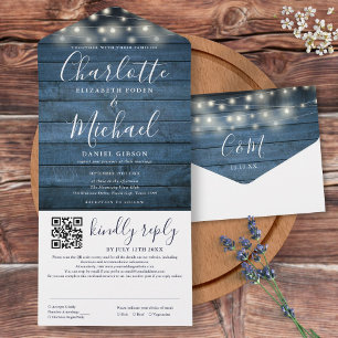 Blauw rustiek houten slingerlicht QR-code bruiloft All In One Uitnodiging