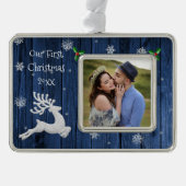 Blauw rustiek Kerstmis rendier eerst ingelijst Verzilverd Kader Ornament (Voorkant)