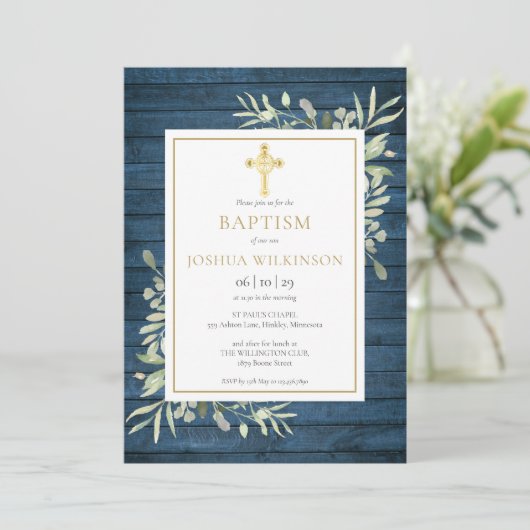 Blauw Rustiek Loofwerk Gouden Kruis Doop Christeni Kaart (Staand voorkant)