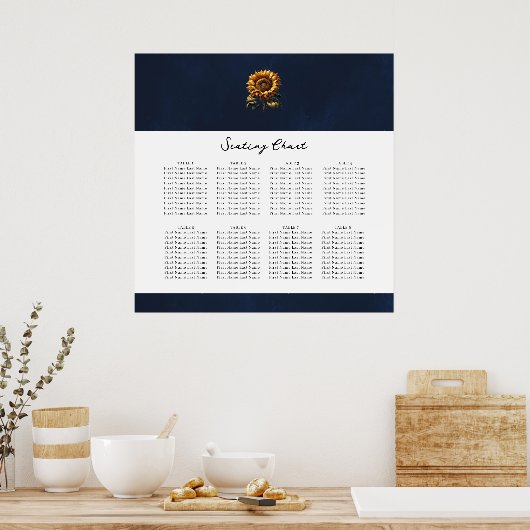 Blauw rustiek Zonnebloem Bruiloft Zittingkaart Poster (Keuken)