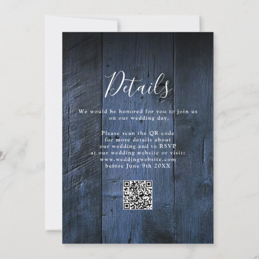Blauw Rustieke Boho Schuur Houten Trouw QR Code Kaart (Achterkant)