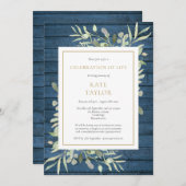 Blauw rustieke groene begrafenis viering van het l kaart (Voorkant / Achterkant)