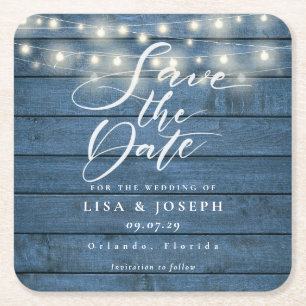 Blauw Rustieke Houten Slingerlichten Save the Date Vierkante Kartonnen Onderzetter