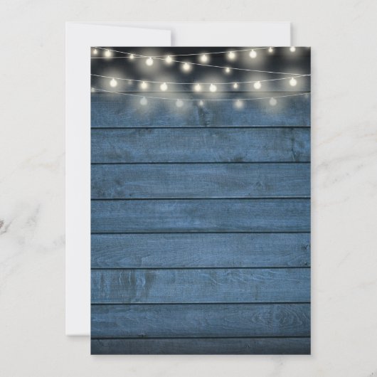 Blauw Rustieke Houten Slingerlichtjes Bruiloft Save The Date (Achterkant)
