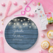 Blauw Rustieke Houten Slingerlichtjes Scriptie Bru Papieren Bordje (Feest)