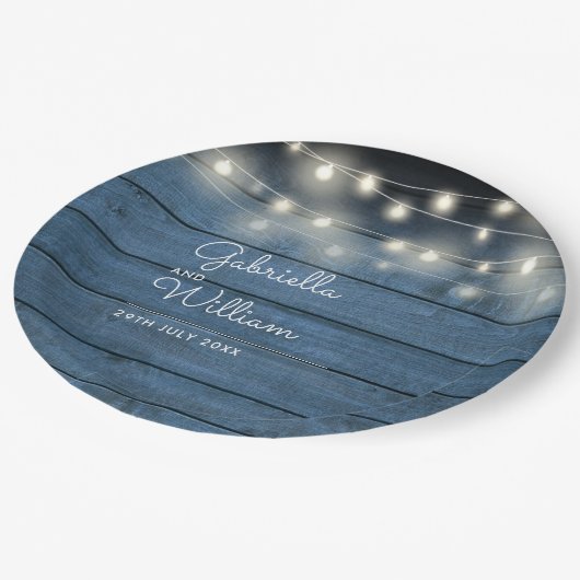 Blauw Rustieke Houten Slingerlichtjes Scriptie Bru Papieren Bordje (Gekanteld)