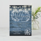 Blauw Rustieke Metselpot String Lights Script Brui Kaart (Staand voorkant)