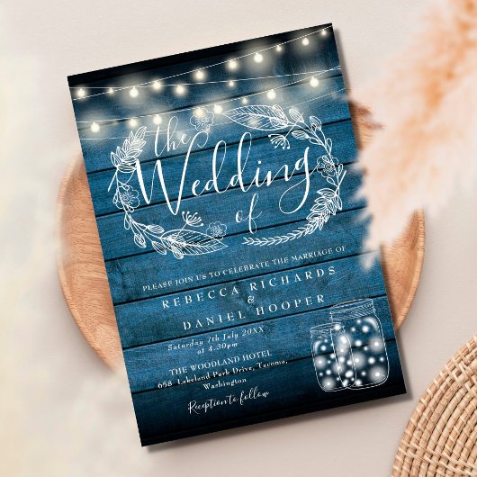 Blauw Rustieke Metselpot String Lights Script Brui Kaart