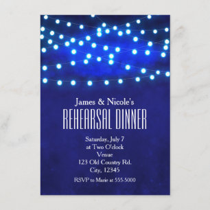 Blauw rustieke nacht snoerlichten proefdiner kaart