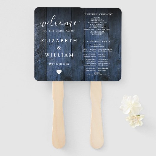 Blauw Rustieke Schuur Hout Boho Wedding Programma Handwaaier (Voorkant en achterkant)