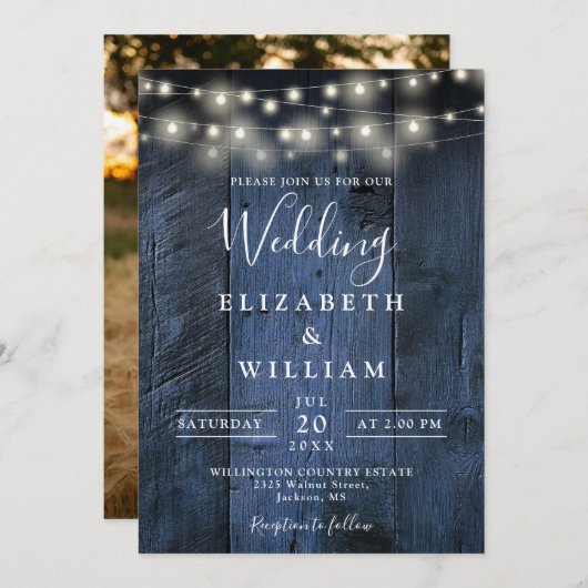 Blauw Rustieke Schuur Hout String Lights Foto Huwe Kaart (Voorkant / Achterkant)