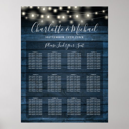 Blauw rustieke slingerlichten bruiloft zitplaatska poster (Voorkant)