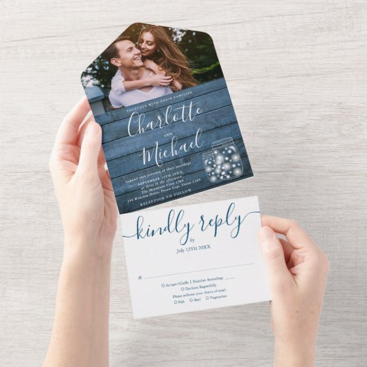 Blauw Rustieke Slingerlichten Metselpotten Foto Br All In One Uitnodiging (Afscheurbaar)