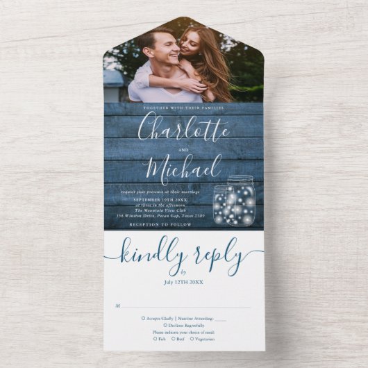 Blauw Rustieke Slingerlichten Metselpotten Foto Br All In One Uitnodiging (Binnen)