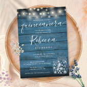 Blauw rustieke slingerlichten script Quinceañera 1 Kaart