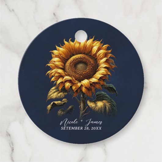 Blauw rustieke zonnebloem bruiloft bruidsfeest bedankjes labels (Voorkant)